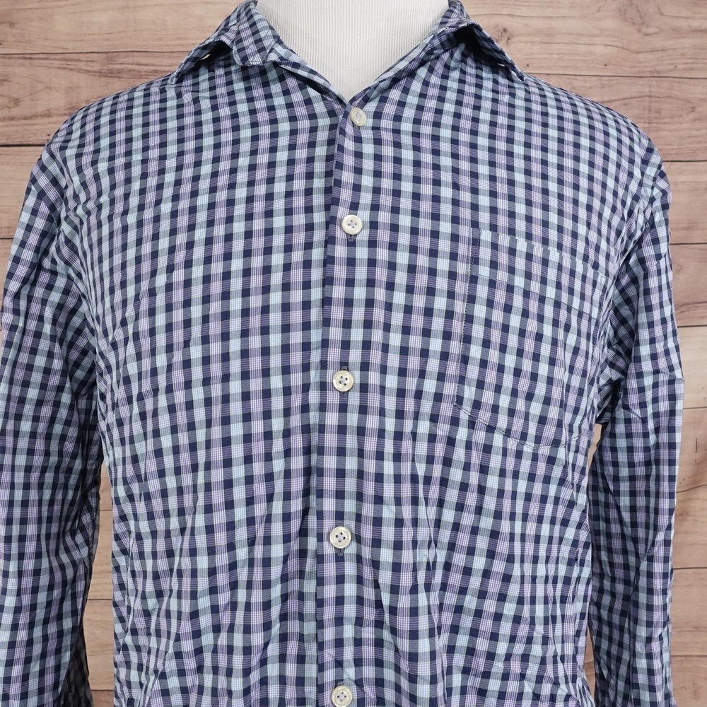 Peter Millar Shirt Mens L Blue Check Long Sleeve Button Up Stretch Nylon Spandex